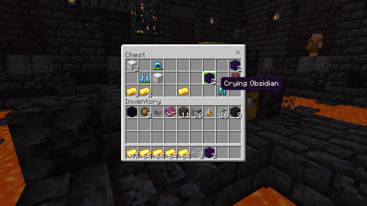Minecraft screenshot displaying an open chest and player inventory in a Nether Bastion Remnant, showing items like Crying Obsidian, gold ingots, and diamond armor.
