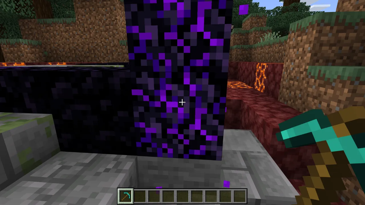 Minecraft screenshot of an active purple Nether portal, obsidian blocks, lava, player with pickaxe in overworld.