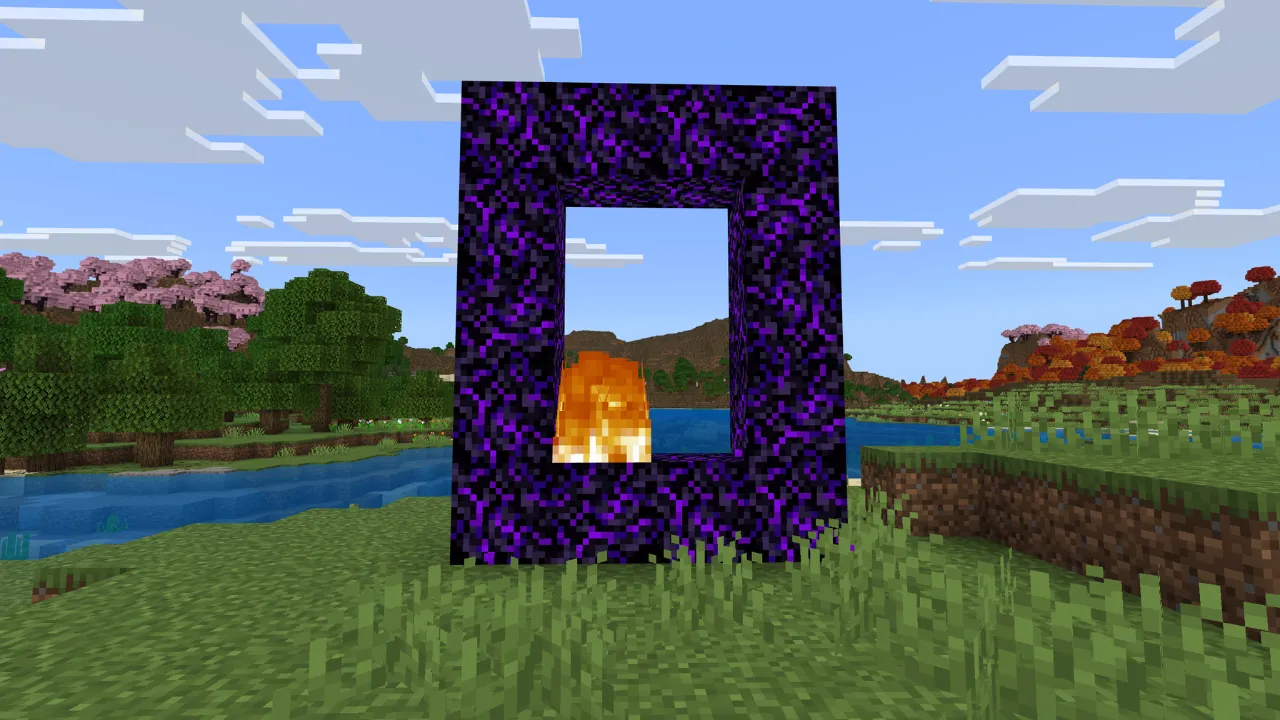 An unlit Minecraft Nether portal made of obsidian stands in a vibrant overworld scene with a river, trees, and varied biomes.
