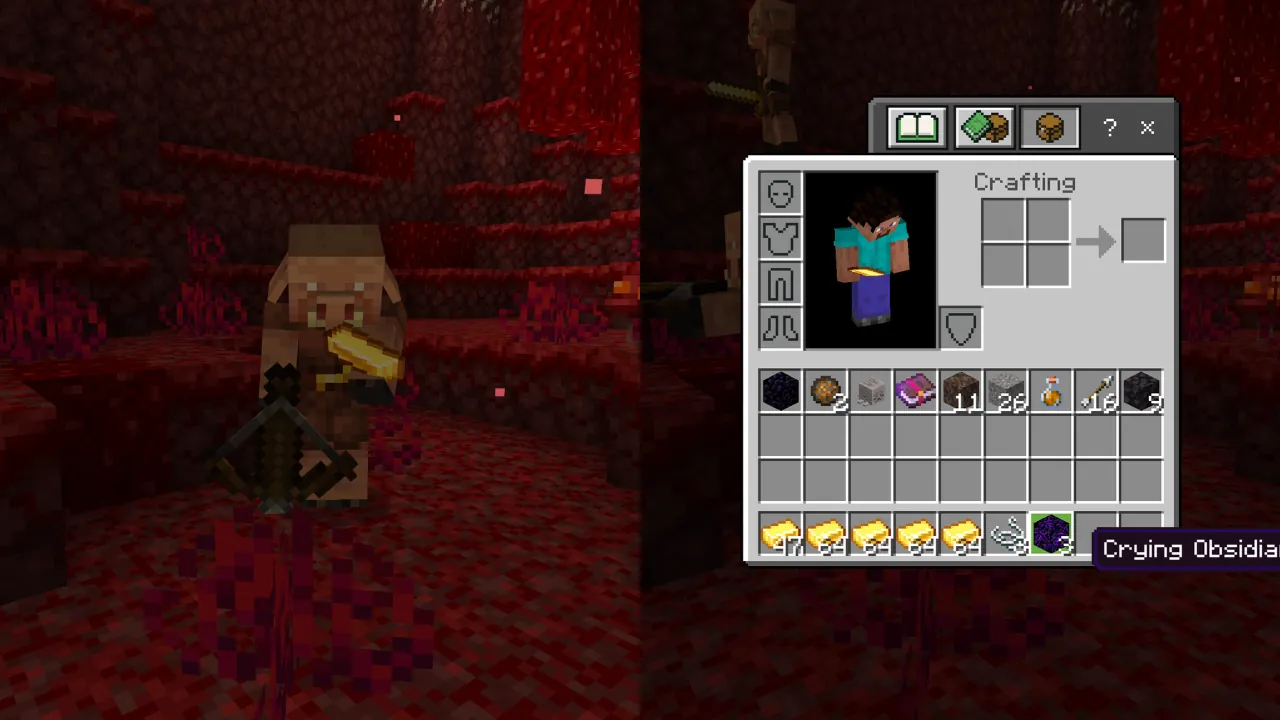 A Minecraft player in the Nether holding a crossbow, facing a Piglin with a golden sword, while the inventory and crafting menu are open showing items like gold ingots and crying obsidian.