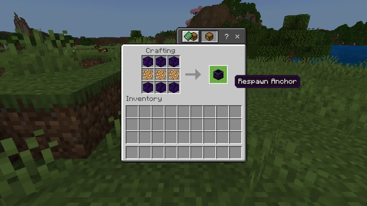 Minecraft crafting menu displaying the recipe for a Respawn Anchor, requiring 6 Crying Obsidian and 3 Glowstone blocks.