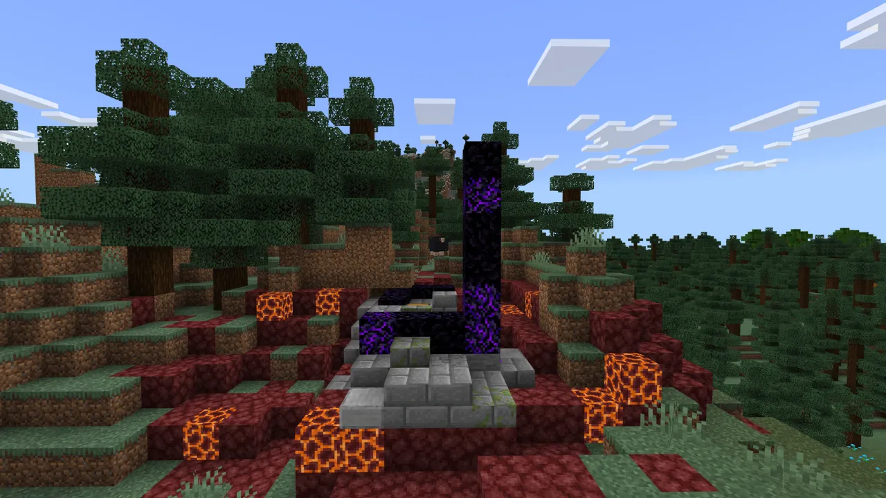 A Minecraft screenshot showing a naturally generated ruined Nether portal in a forest biome, surrounded by netherrack and magma blocks.