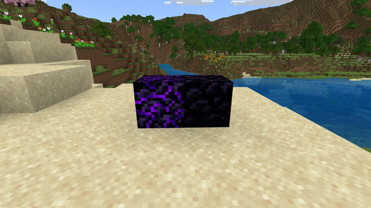 Minecraft screenshot featuring a Crying Obsidian block on a sandy beach next to a river with hills and trees in the background.