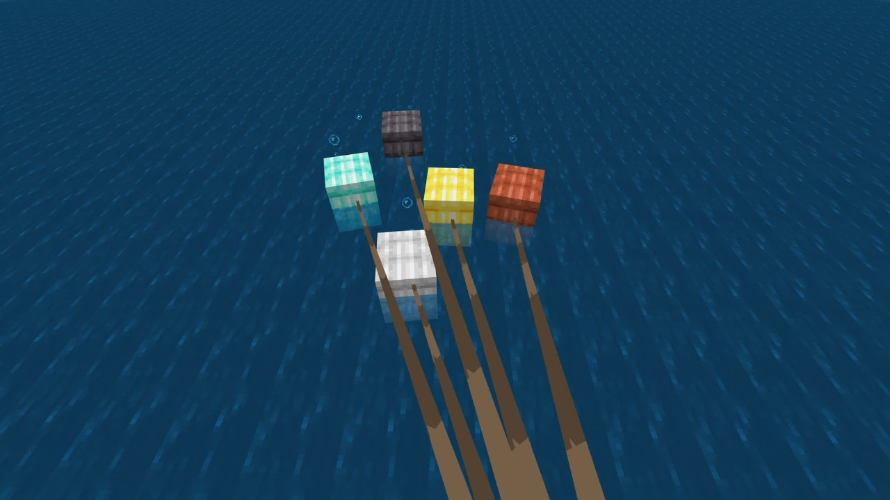 Five colorful Minecraft fishing bobbers (cyan, gray, white, yellow, red) floating on blue water with fishing rods visible.