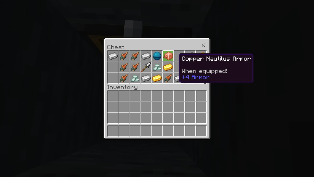 Minecraft player views a chest with items like iron, copper, gold, raw salmon, and a blue orb, with a tooltip for 'Copper Nautilus Armor' showing '+4 Armor'.