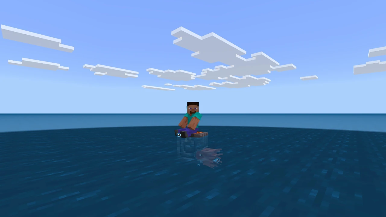 Minecraft character Steve sits on a single block in the middle of a vast ocean with a glowing squid below, under a blocky blue sky.