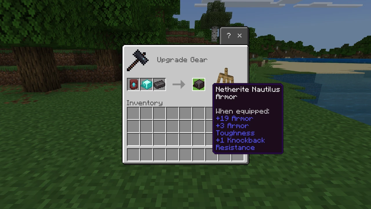 Minecraft upgrade interface showing crafting of 'Netherite Nautilus Armor' from a diamond chestplate, Netherite ingot, and a red gem, with stats displayed.