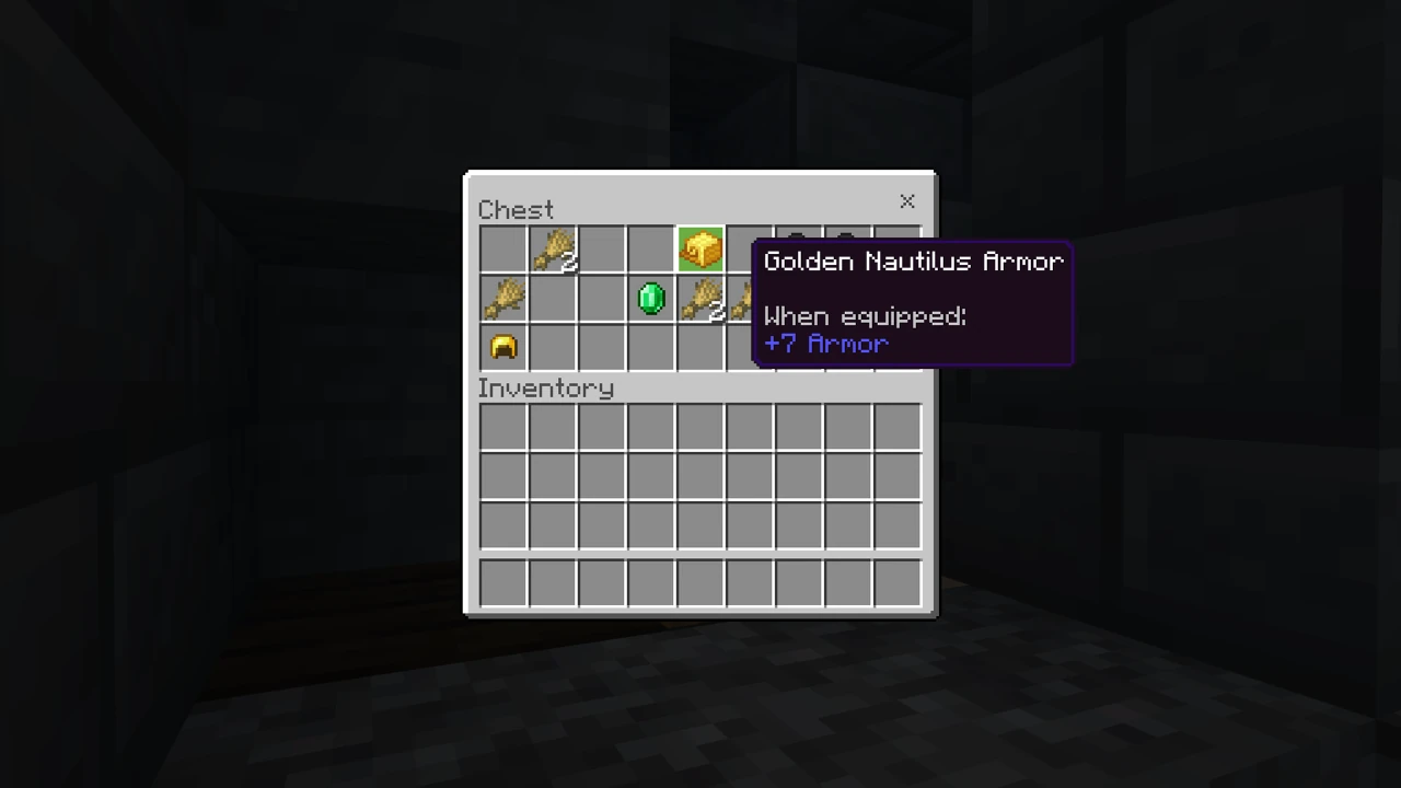 Screenshot of a Minecraft-like game showing an open chest inventory with 'Golden Nautilus Armor' tooltip, wheat, emerald, and a golden helmet.