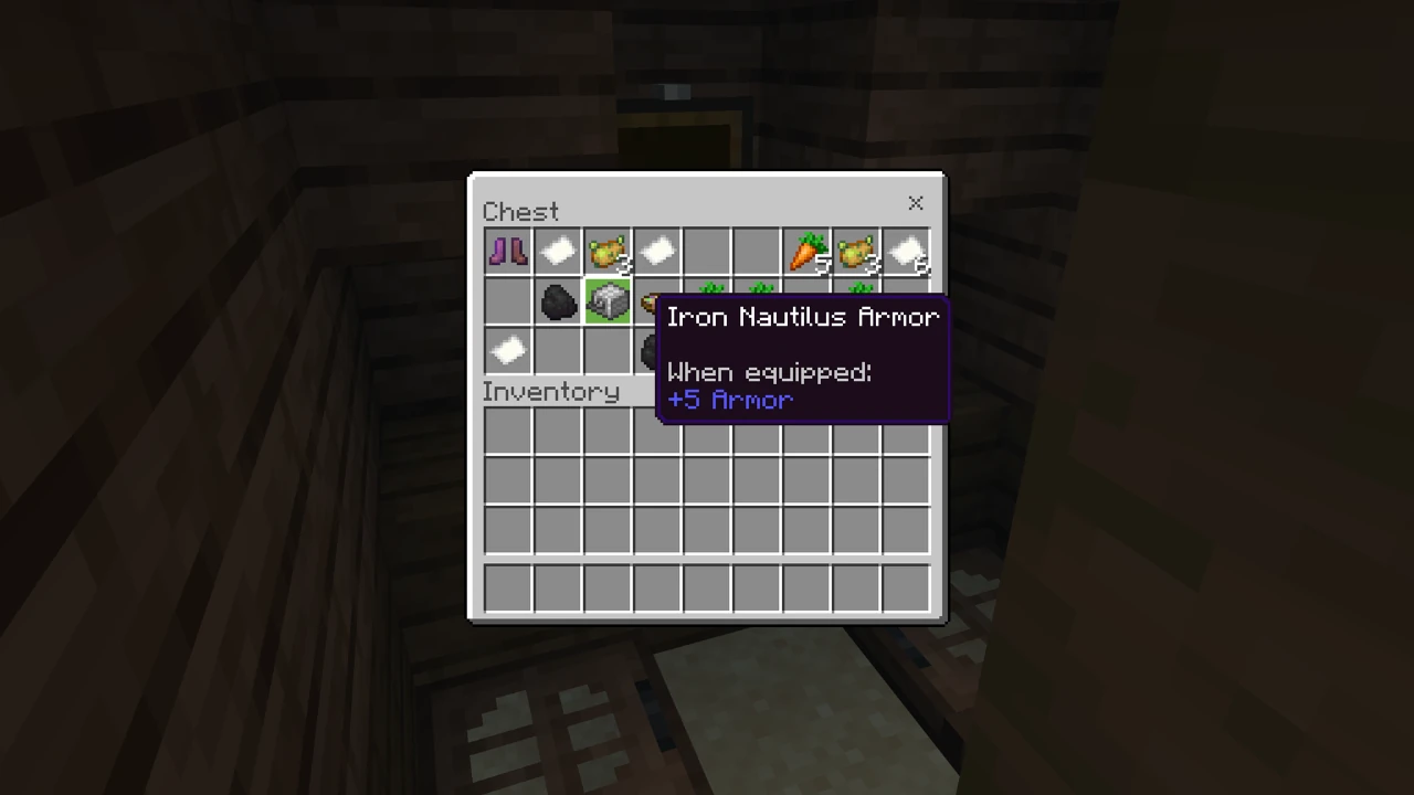 Minecraft inventory with a chest open, highlighting an 'Iron Nautilus Armor' tooltip granting +5 Armor. Custom boots, paper, and carrots are also visible.