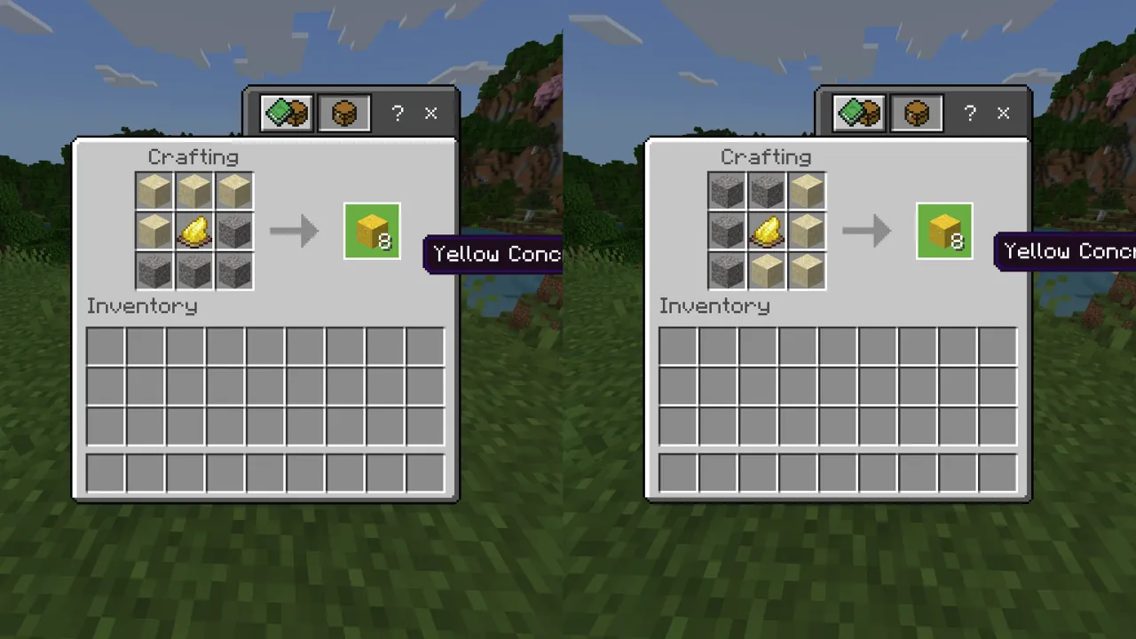 Minecraft crafting interface showing two different arrangements of sand, gravel, and yellow dye to craft yellow concrete powder.