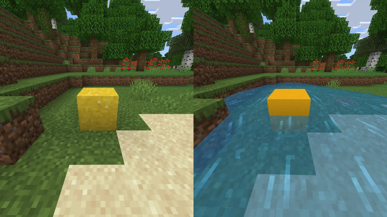 A split-screen image from Minecraft comparing a dry yellow sponge block on land on the left with a wet orange sponge block floating in water on the right.