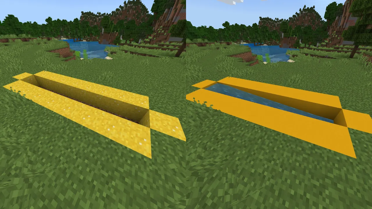 Split image showing two views of a voxel game. Left: a trench lined with textured yellow blocks. Right: the same trench lined with smooth yellow blocks and filled with water.