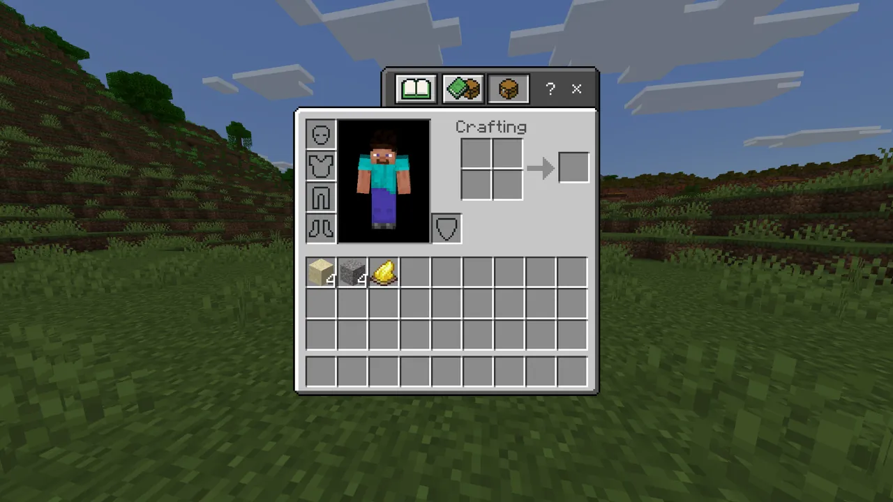 Minecraft inventory screen showing Steve, a 2x2 crafting grid, and items including sand, cobblestone, and gold.