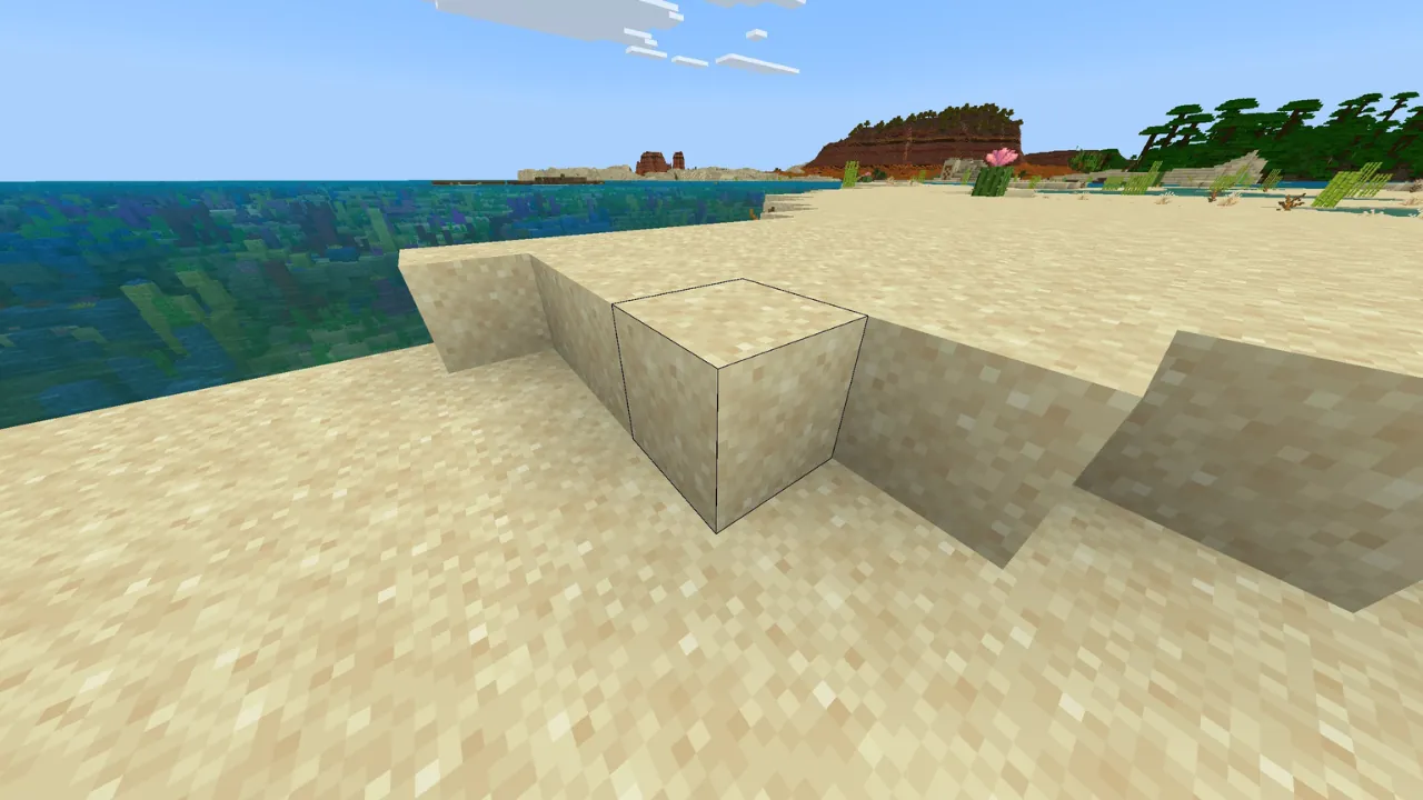 Minecraft screenshot of a sandy beach with the ocean on the left. Underwater plants, distant mesas, and sparse desert vegetation are visible.