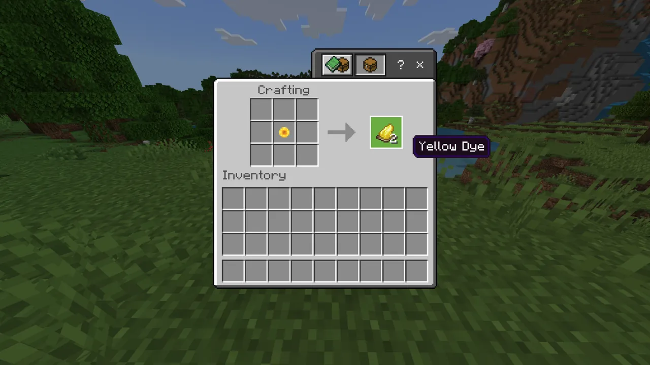 Minecraft crafting interface showing a Dandelion in the crafting grid yielding two Yellow Dye. The game world with grass and trees is in the background.