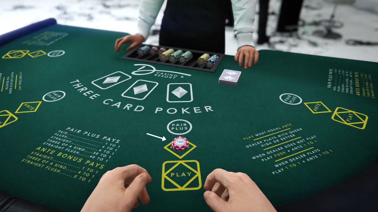 First-person view of a player placing a $50 chip on the ante bet in a digital Three Card Poker game, showing table layout and payouts.