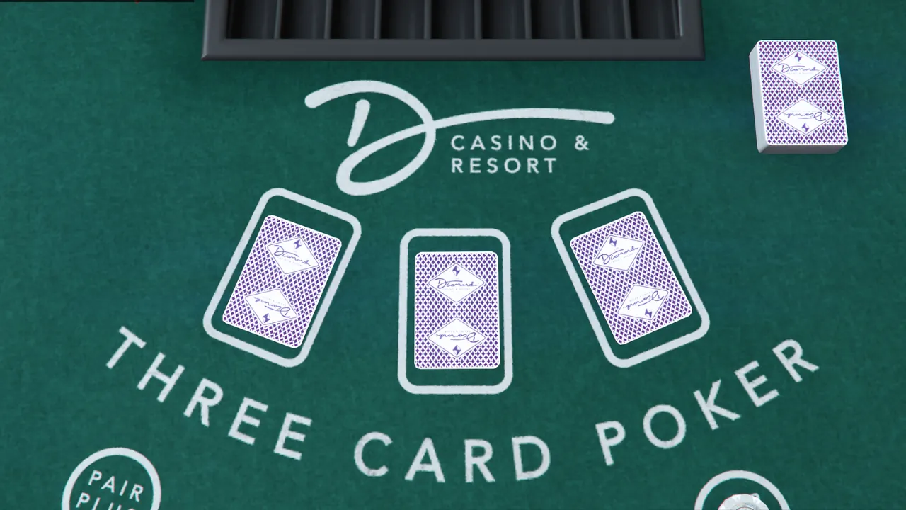 A green Three Card Poker table with three face-down playing cards in player positions and a deck of cards to the side. The table is branded 'D CASINO & RESORT'.
