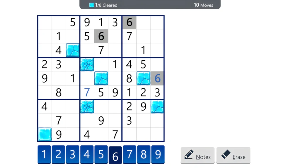 Mobile solitaire sudoku gameplay screenshot featuring ice breaker mode with frozen tiles on a numeric grid layout.