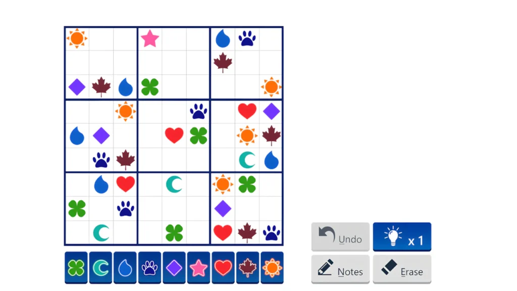 Solitaire Sudoku mobile game interface showing symbol mode with colorful icons on a dark digital grid layout.