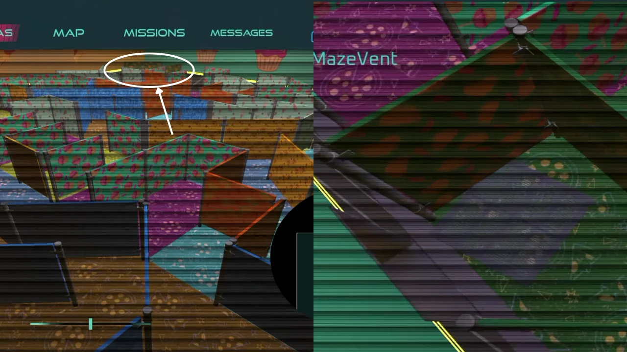 Split-screen game UI featuring menu, a colorful maze map with highlighted path, and 'MazeVent' text, all with horizontal scanlines.