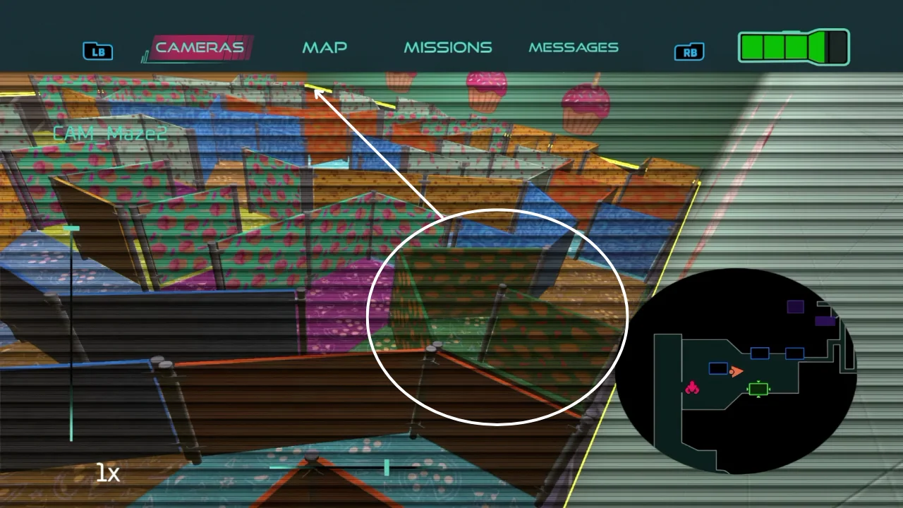 Screenshot from a video game showing a security camera view of a colorful maze environment with UI elements and a mini-map.