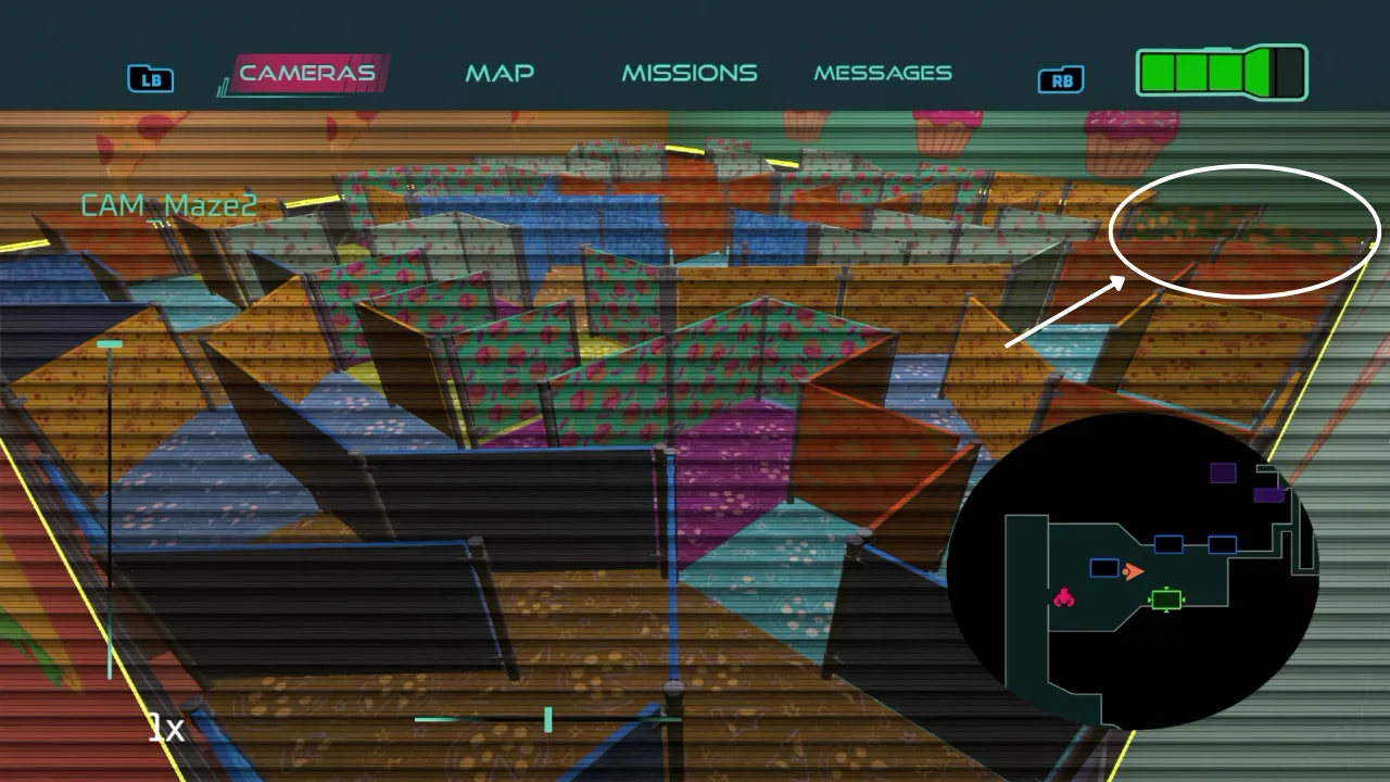 Game UI featuring a security camera view of a colorful maze with scanline effects, a mini-map, and battery indicator, indicative of a horror/survival game.