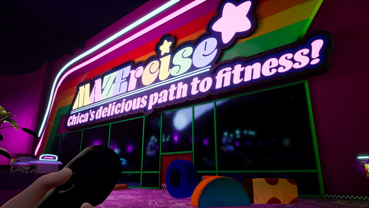 The colorful, neon-lit facade of 'MAZercise: Chica's delicious path to fitness!' from FNAF: Security Breach, with a hand holding a controller.