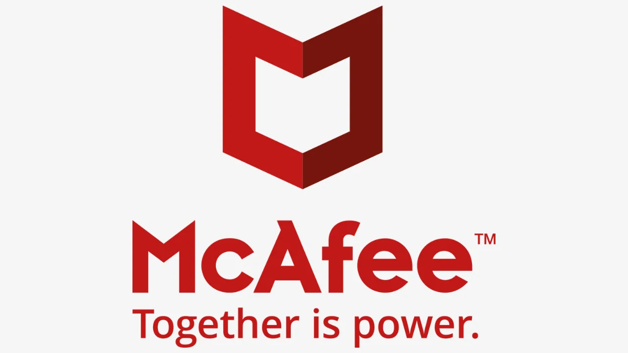 McAfee cybersecurity logo featuring a red shield icon and the tagline 'Together is power.'