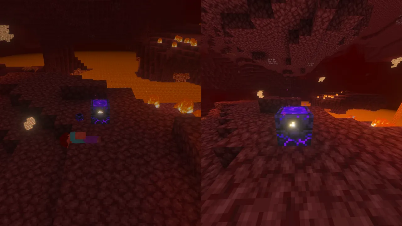 Minecraft Nether split screen showing a dead player, a ghast tear, and a respawn anchor on the left, and a large respawn anchor on the right, surrounded by lava and netherrack.