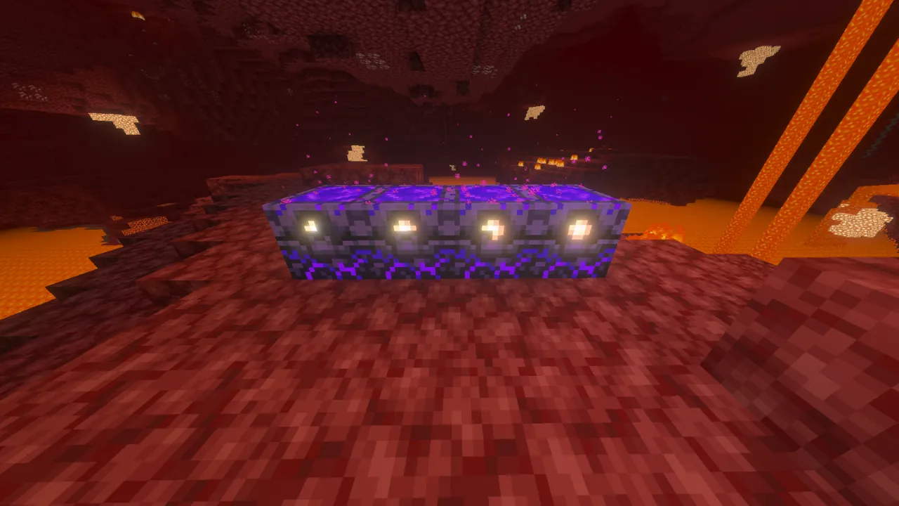 Five glowing purple-veined Deep Dark blocks, likely Sculk Shriekers, on red netherrack in a lava-filled Minecraft Nether biome.