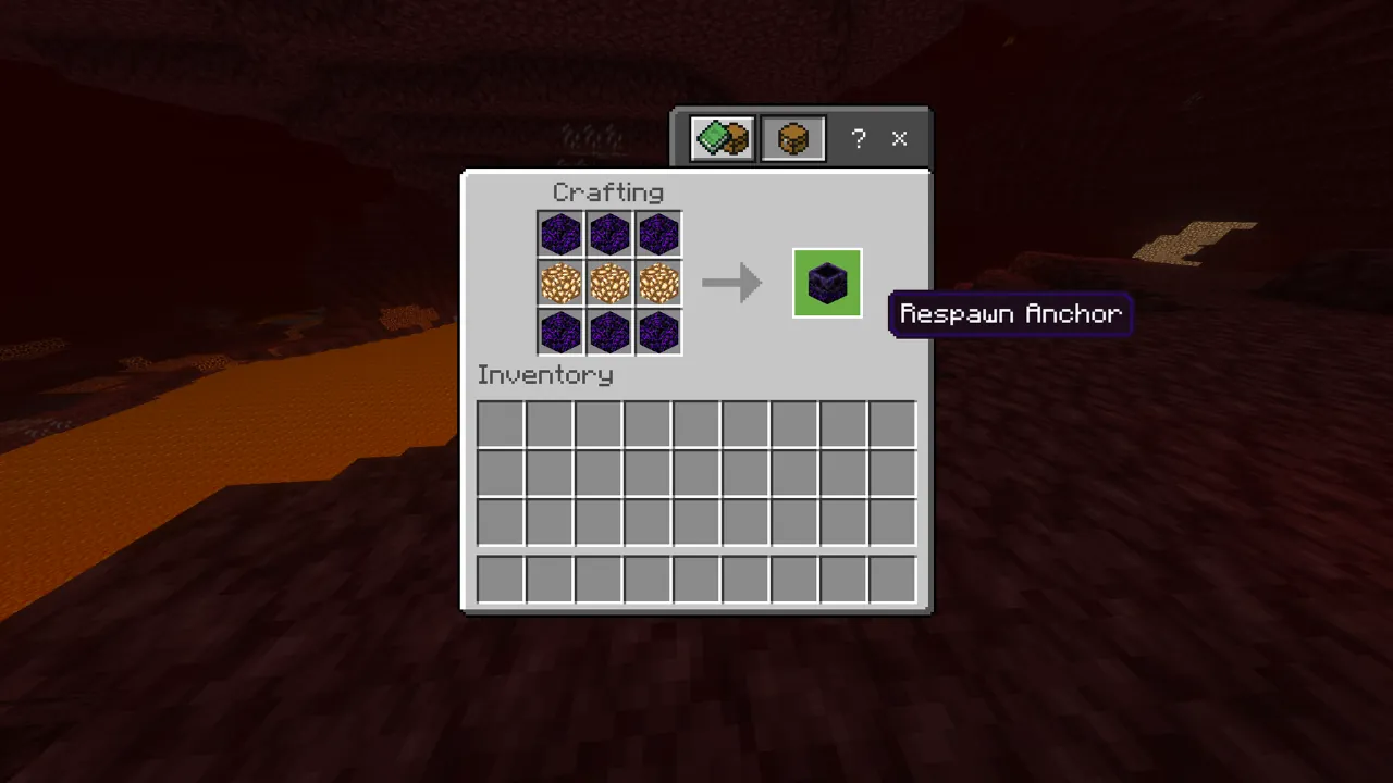 Minecraft crafting interface showing the recipe for a Respawn Anchor using 6 Crying Obsidian and 3 Glowstone Blocks, set against a Nether background.