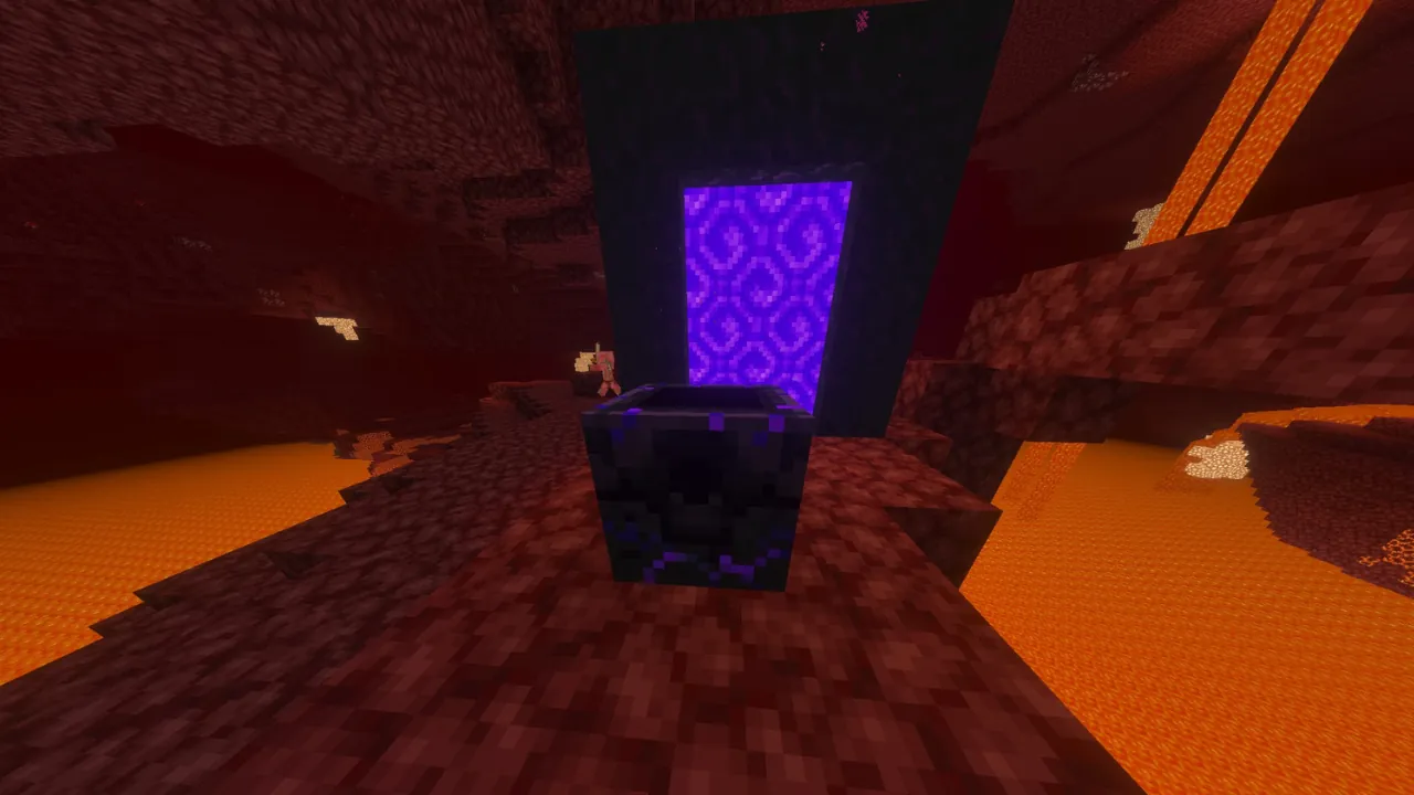 Minecraft Nether scene featuring a vibrant purple Nether portal, a Sculk Catalyst in the foreground, flowing lava, and a distant Piglin.
