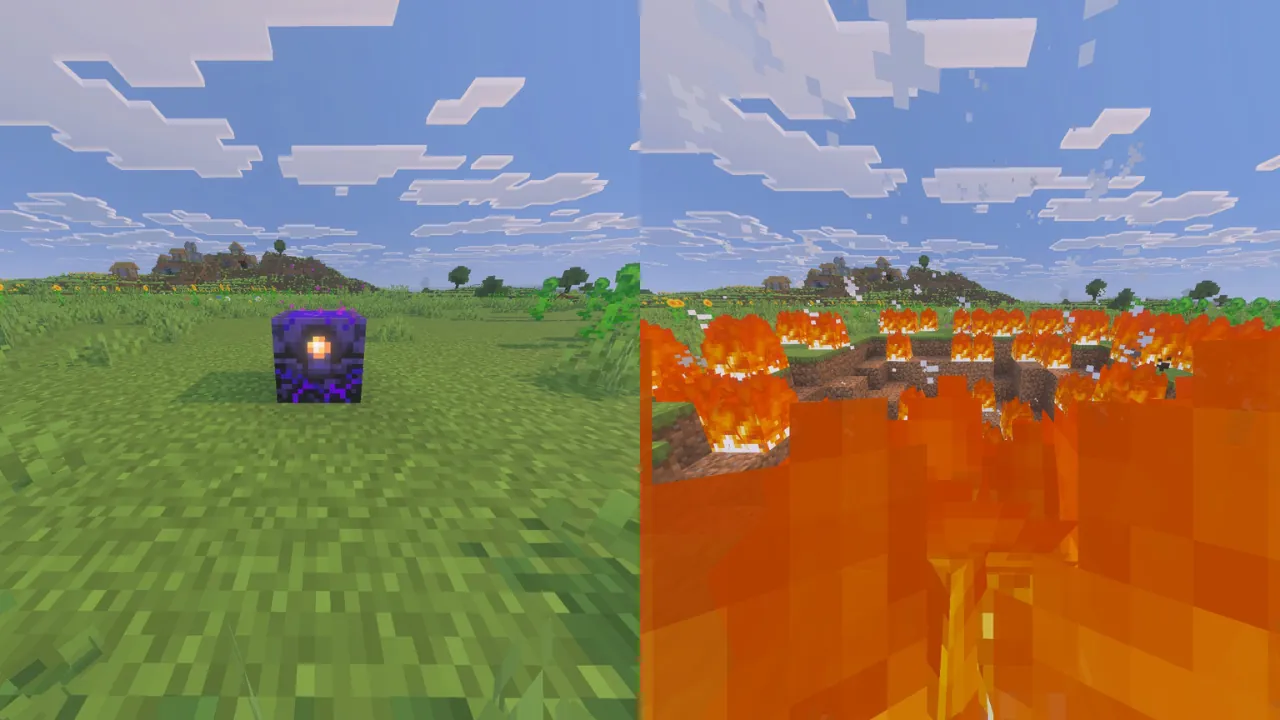 Minecraft before-and-after: a lush field with a Sculk Catalyst vs. a landscape consumed by fire and lava.
