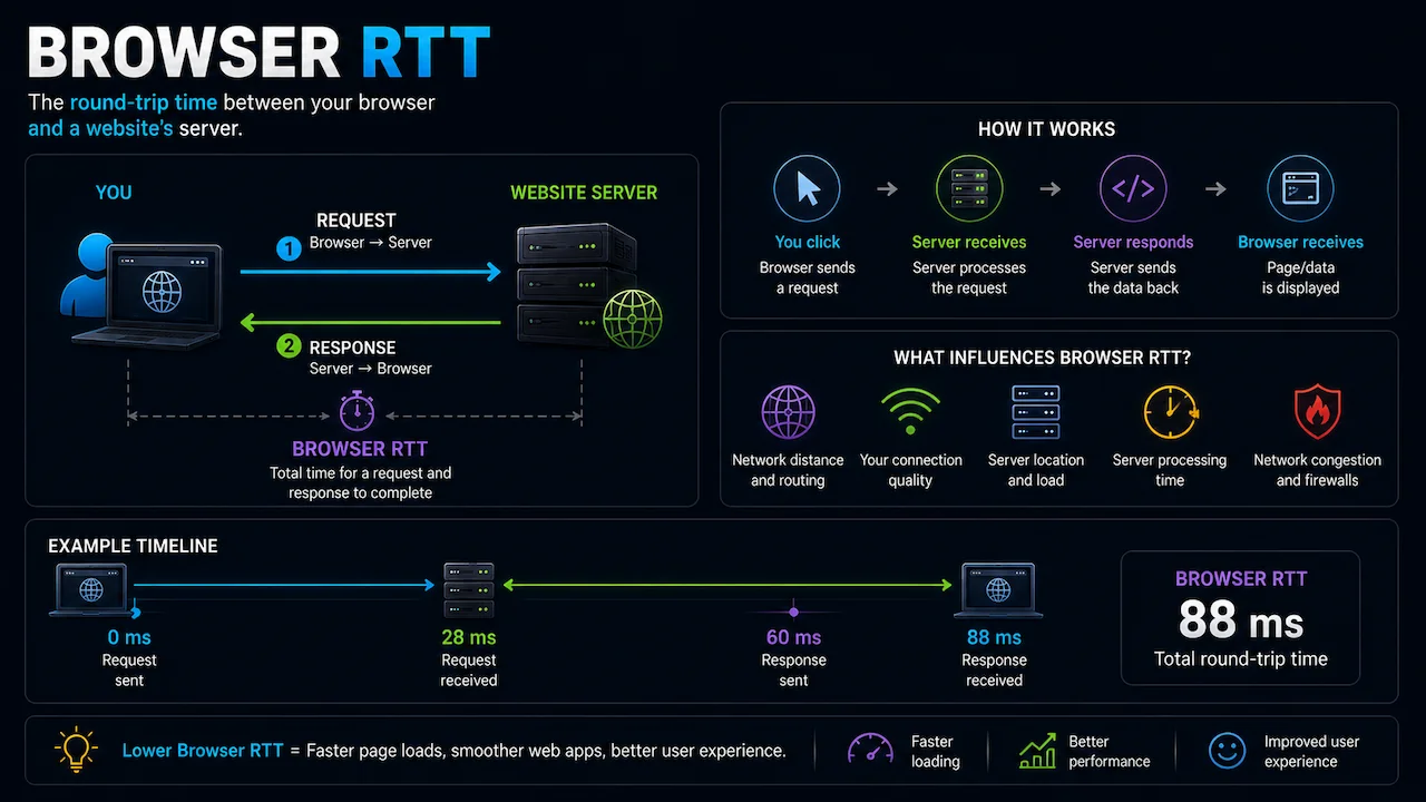 Infographic detailing Browser RTT, explaining the request/response cycle, factors affecting web latency, and benefits for gaming and tech users.