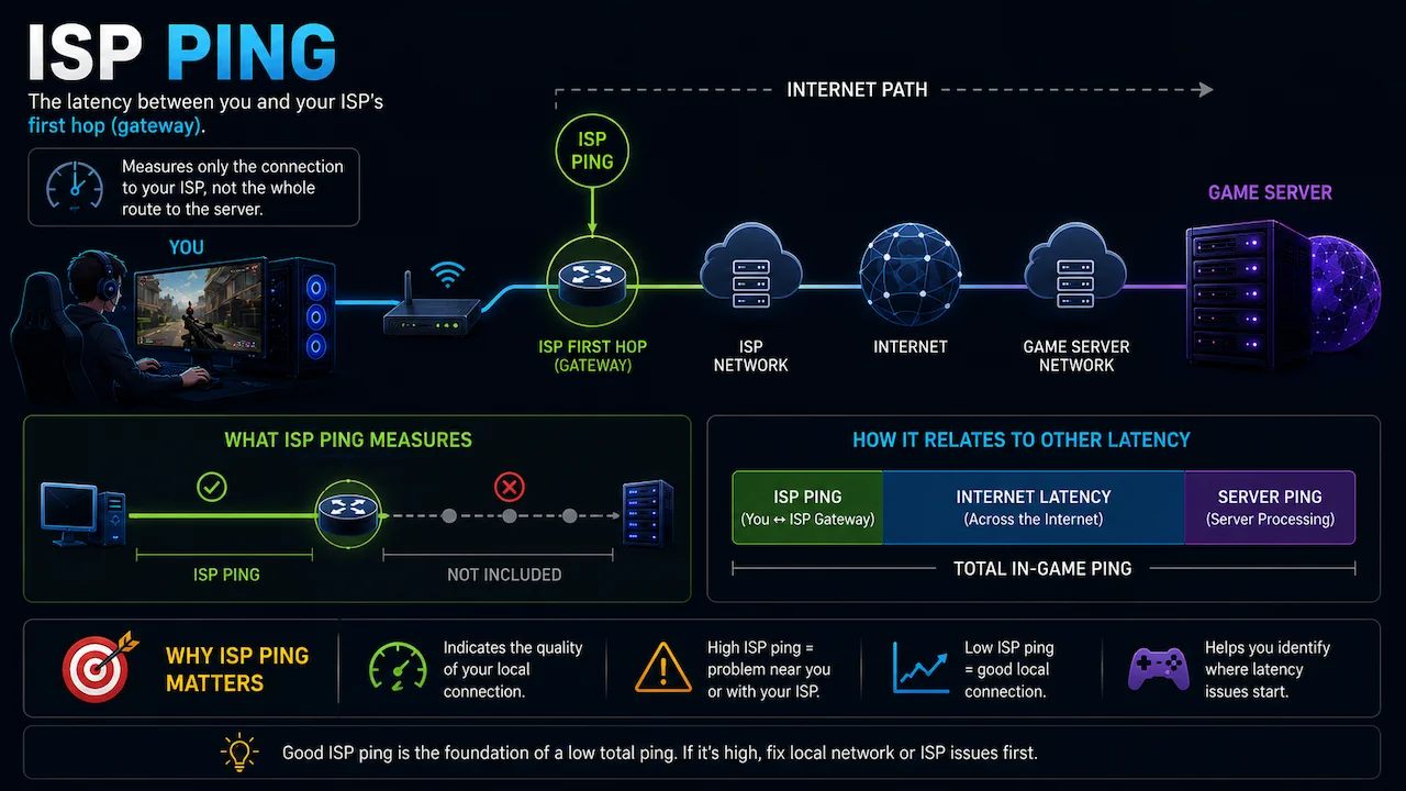 ISP Ping infographic: explains latency to ISP gateway, its contribution to total in-game ping, and helps identify network issues.