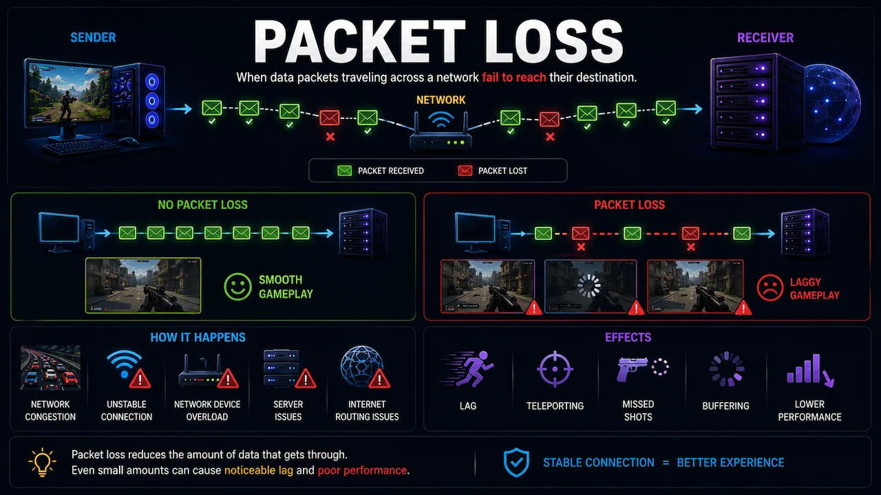 Infographic on packet loss in gaming: definition, causes (network/server issues), and effects (lag, buffering).