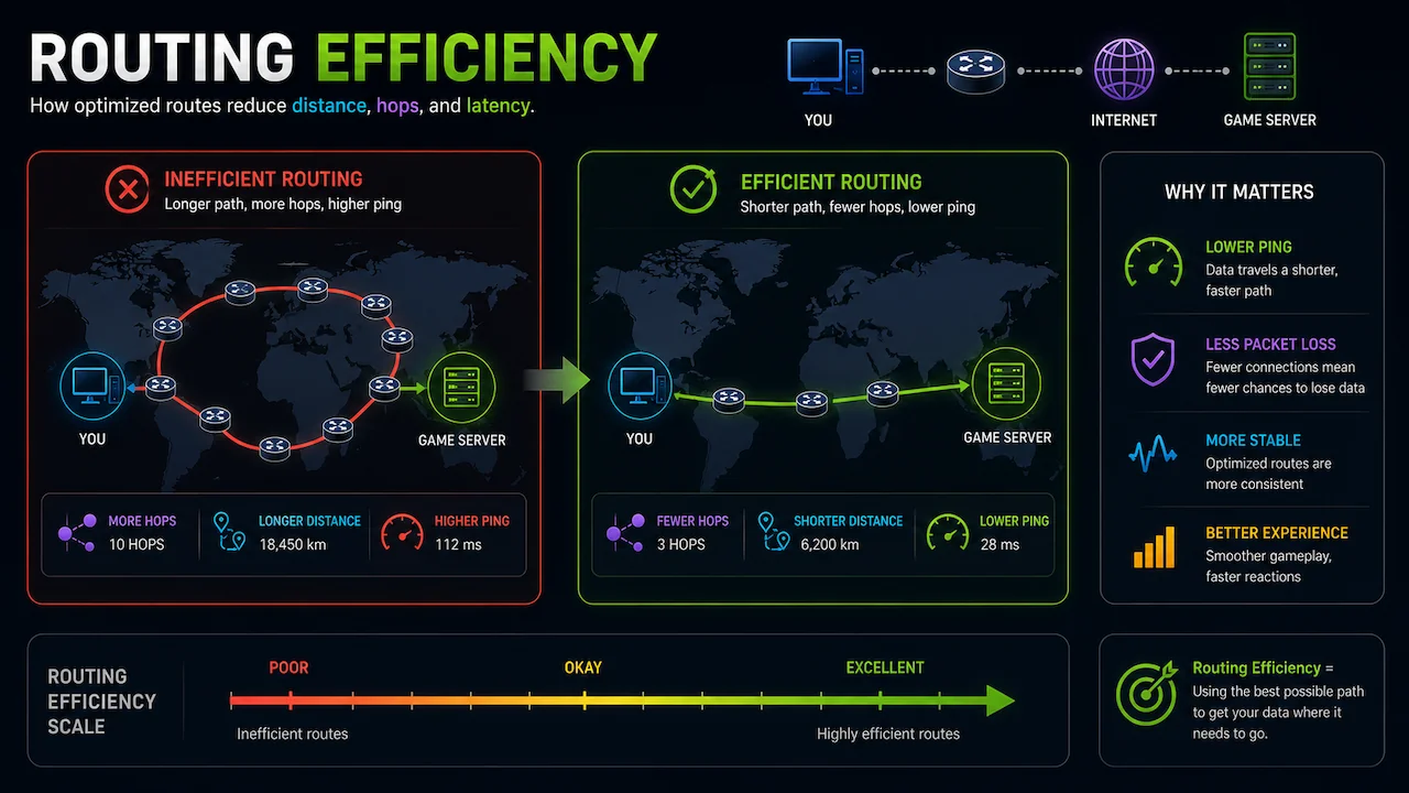 Infographic showing how efficient routing reduces hops, distance, and ping for gamers compared to inefficient routing.