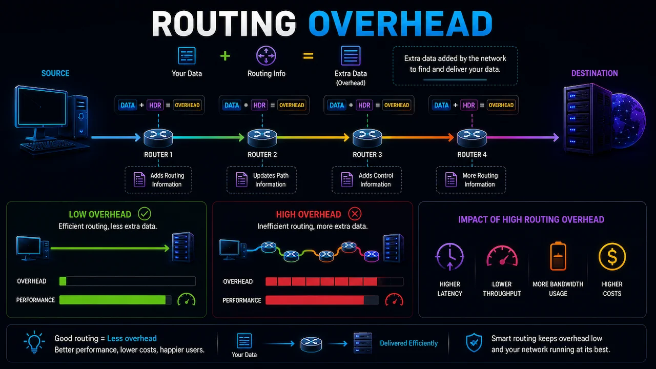 Infographic on network routing overhead, illustrating data headers, hops, and impacts like high latency and lower throughput.