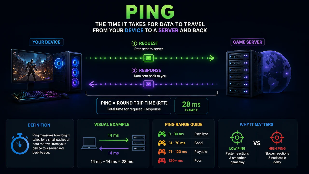 Infographic explaining network ping, showing data round trip time between a gaming PC and server, plus a ping quality guide.