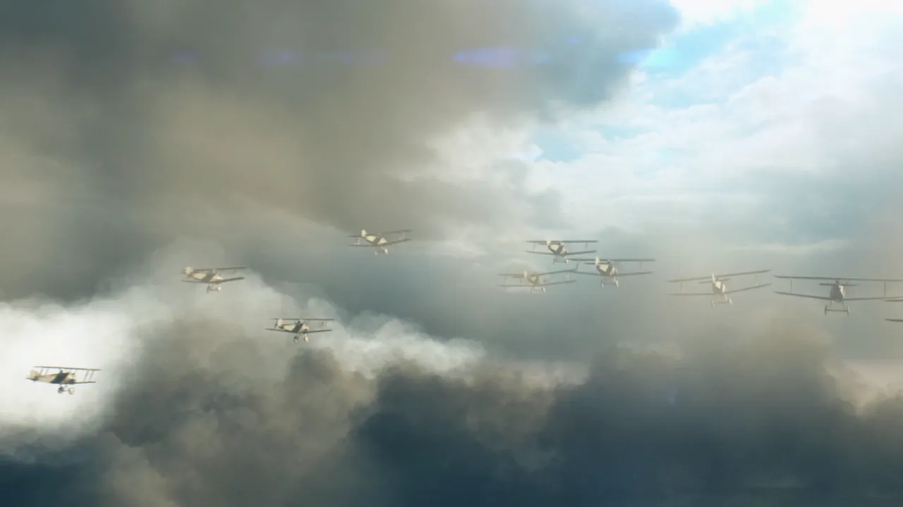A squadron of classic biplanes flying in formation through a sky filled with dramatic clouds and rays of sunlight.
