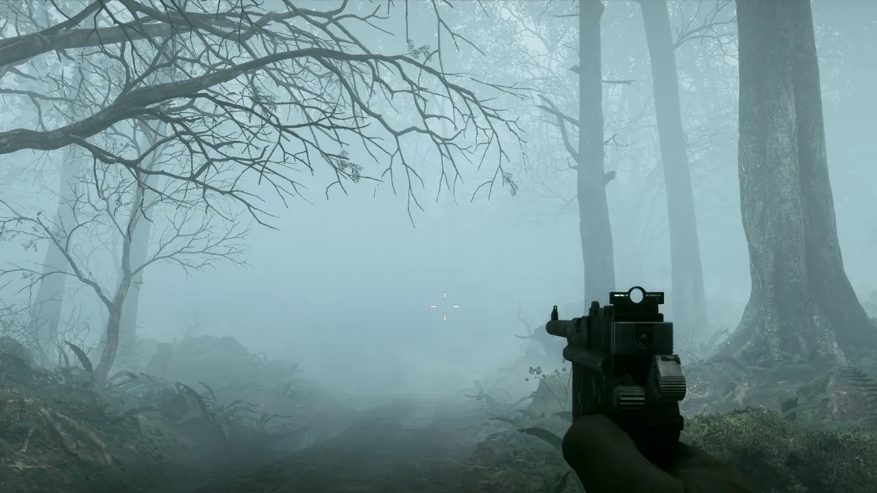 First-person view in a dense, foggy forest with bare trees, holding a firearm, crosshair centered in the misty path.