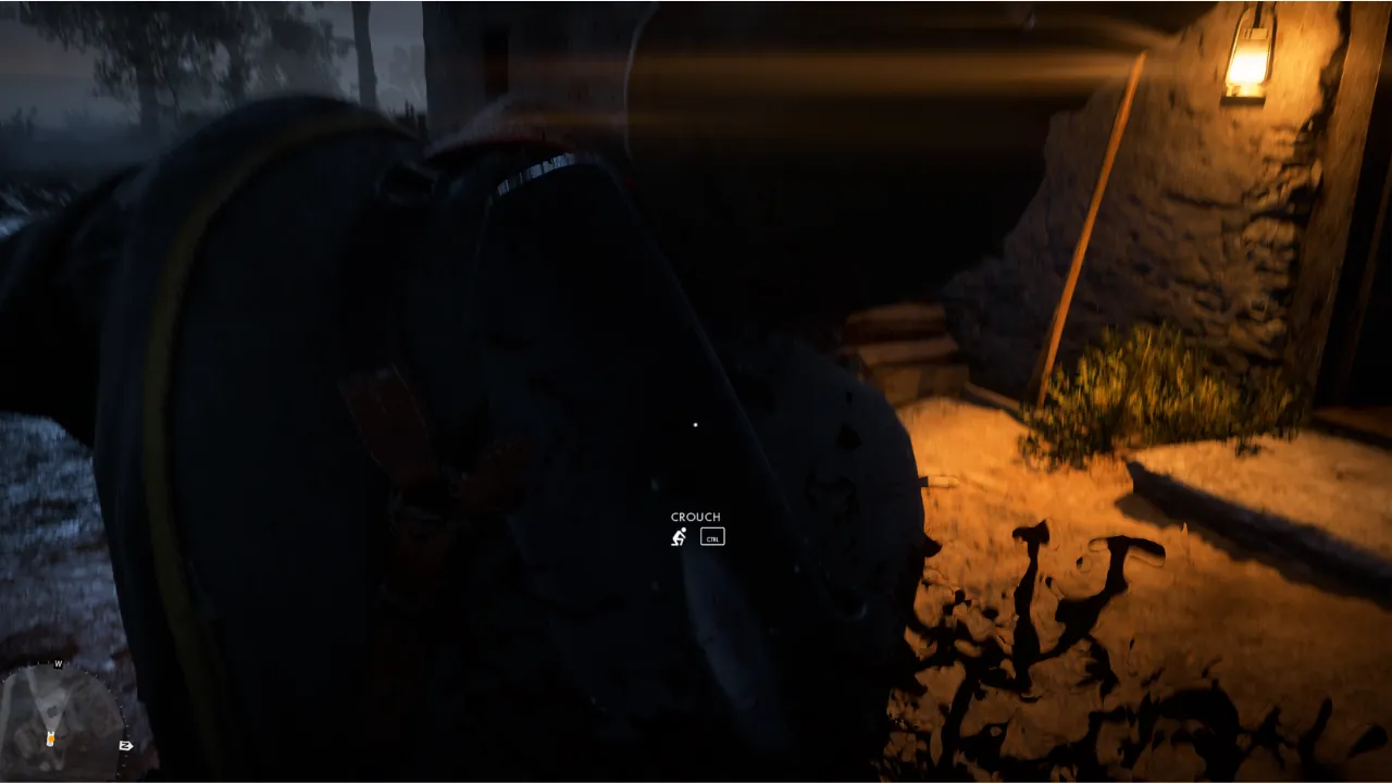 Dark first-person shooter game screenshot showing a 'CROUCH' prompt with CTRL keybind, a minimap, and dark splatters on the ground.