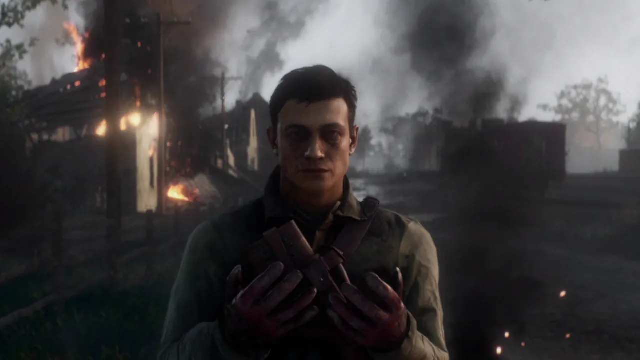 A grim male soldier with bloody hands holds a weapon against a backdrop of burning buildings and thick smoke, depicting a war scene.