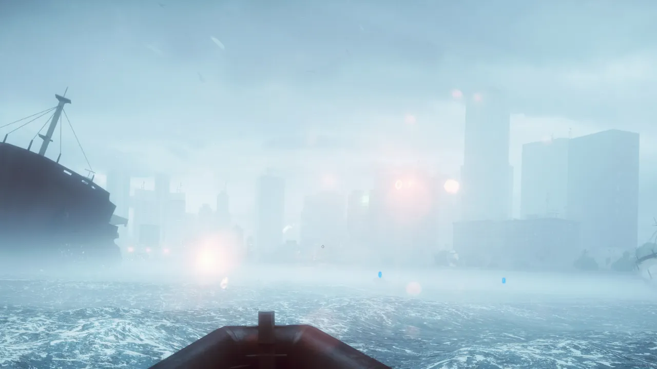 First-person perspective from a boat navigating through heavy fog towards a flooded city with a large, sunken ship and visible UI elements, illustrating a video game environment.