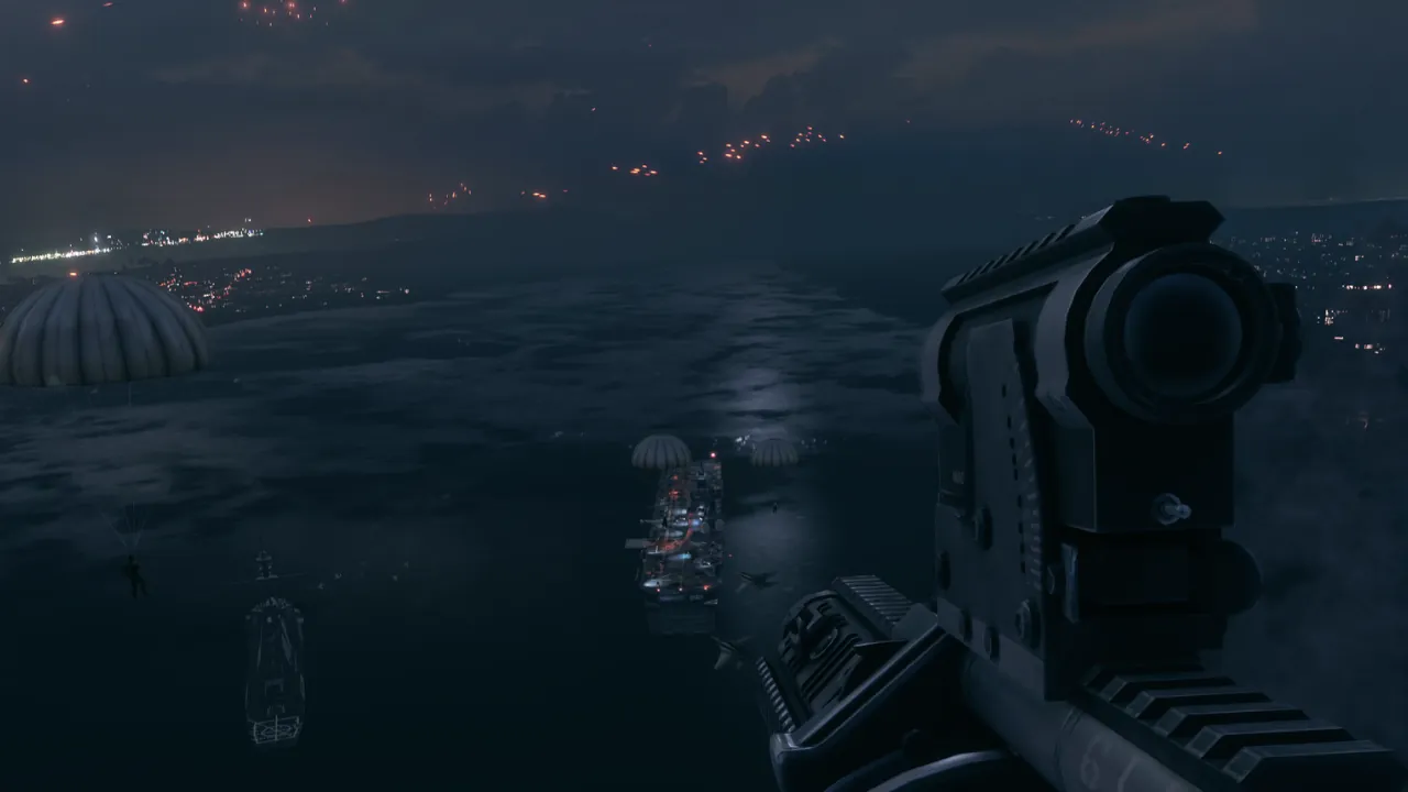 Nighttime FPS video game screenshot: player parachuting with a rifle over an ocean towards a lit floating platform. City lights and flares in distance.