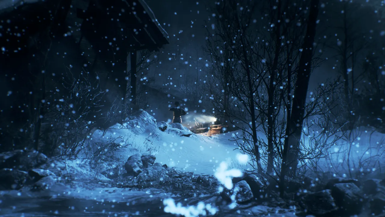 A dark, snowy forest at night, with a character holding a flashlight illuminating the snow-covered ground and falling snowflakes.