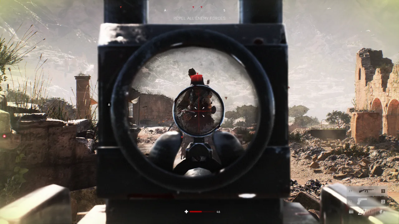 First-person view through a rifle scope in a historical military shooter, targeting an enemy soldier amidst desert ruins with UI elements visible.