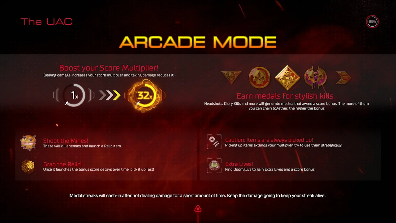 DOOM 2016 Arcade Mode screen showing score multiplier, medals, and extra lives.