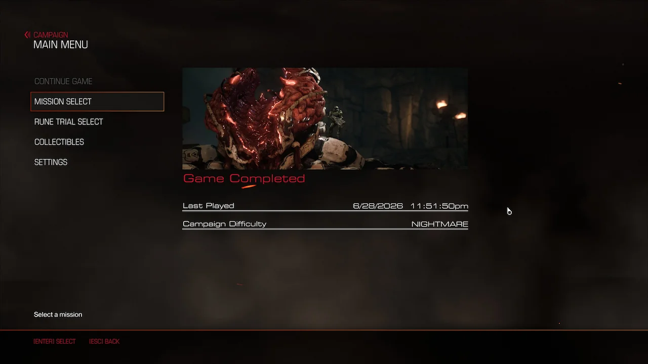 DOOM 2016 campaign completed screen showing Nightmare difficulty in the mission select menu.