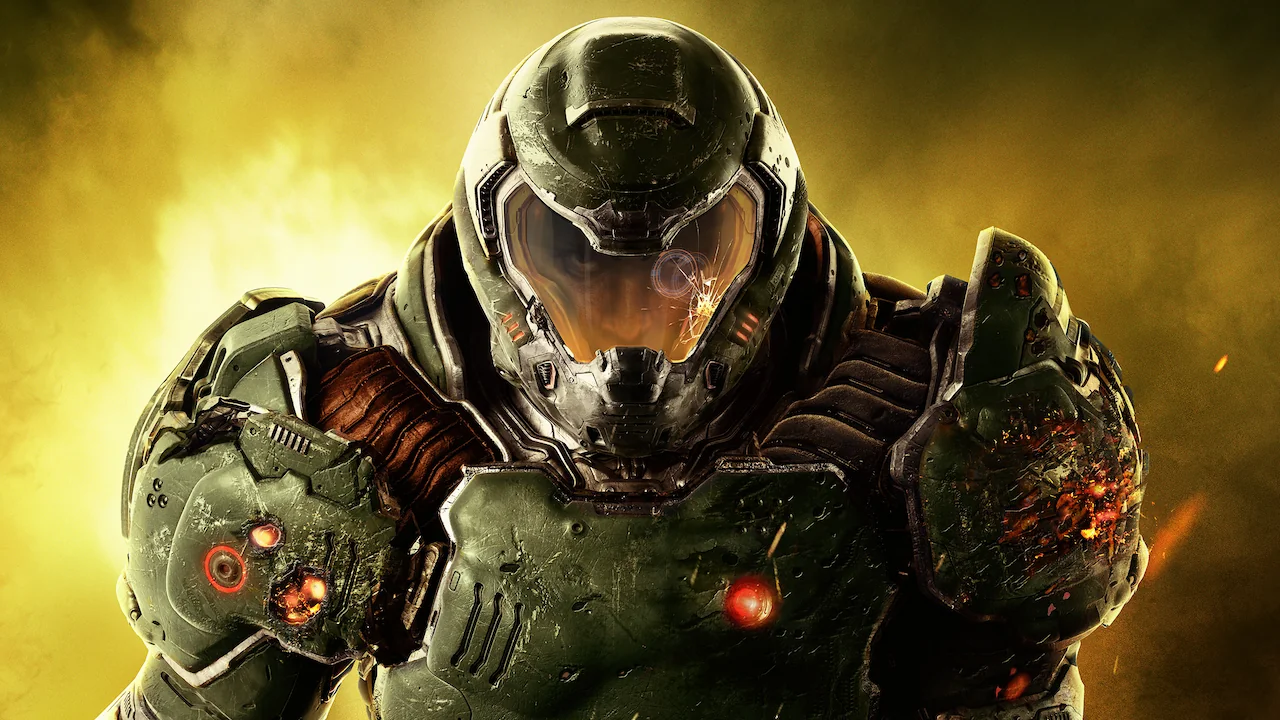 DOOM 2016 Doom Slayer official artwork showing the Praetor Suit and helmet.